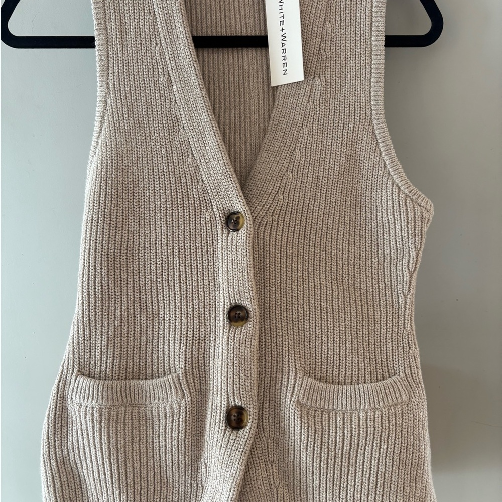 White + Warren Beige V-Neck Sweater Vest